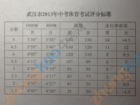 2013中考体育评分标准