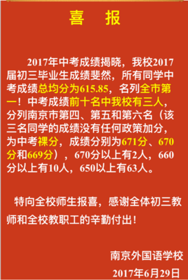 2019年南京外国语学校中考喜报公示