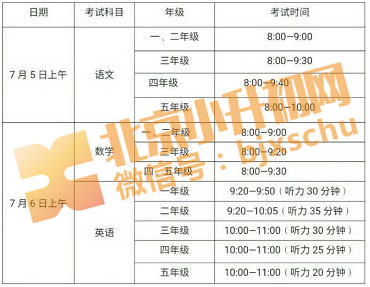 海淀2019-2019第二学期1-5年级期末考试时间
