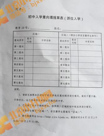 海淀2019小升初永定路学区派位入学意向填报表